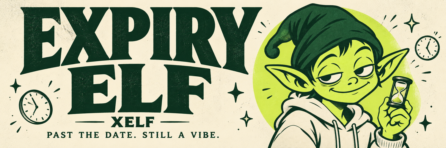 Expiry Elf, XELF. Past the date. Still a vibe. Illustrated elf with an hourglass.